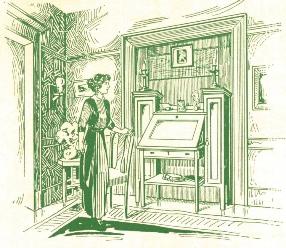 Illustration of a woman in a room with a writing desk