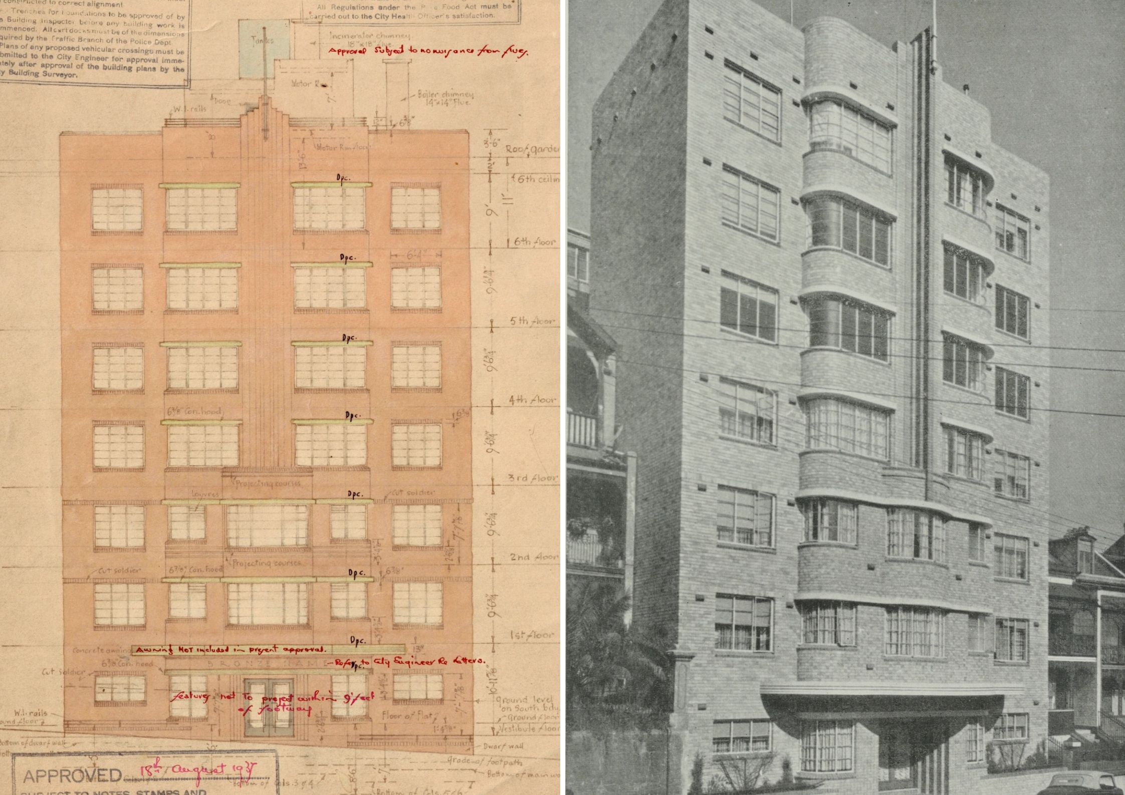 Plan and photograph of Art Deco building
