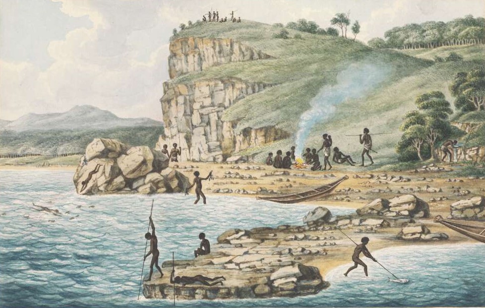 illustration of Aboriginal people spearing fish and diving for shellfish by Joseph Lycett